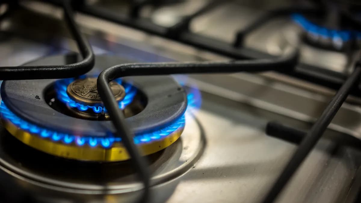 Gas stove burner with blue flames seen from above
