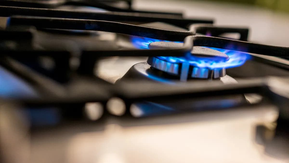 Gas burner with blue flames seen from the side